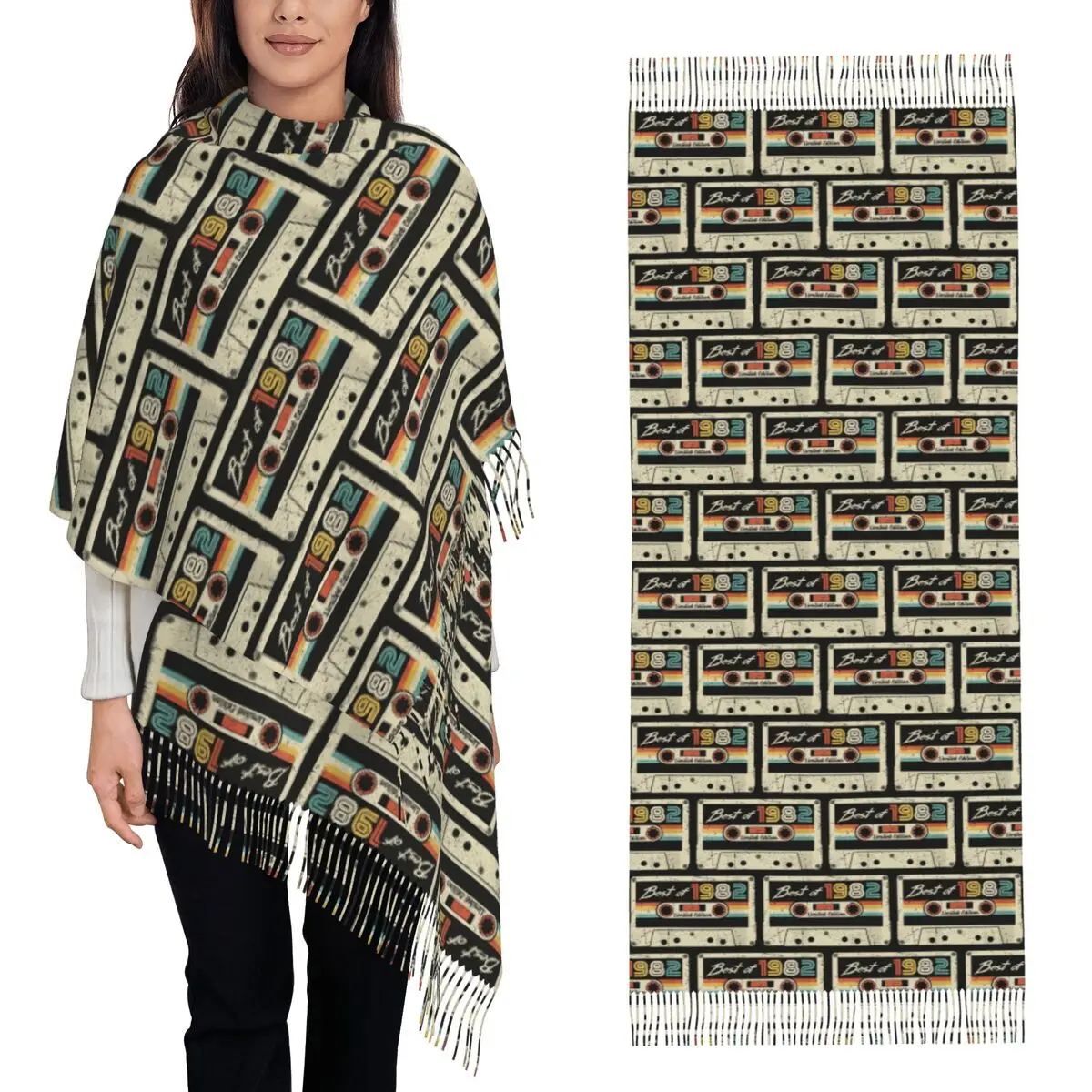 3D Cassette Music Tape Scarf Tassel Scarves Women Soft Warm Shawls and Wraps Long Fall Winter Shawl Wrap