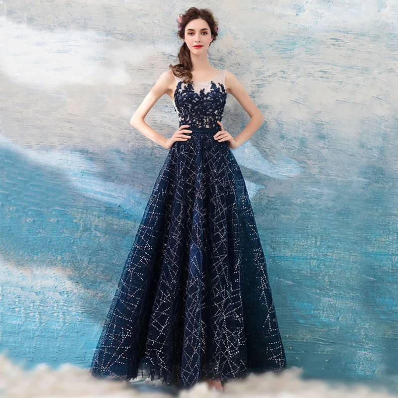 فساتين سهرة رسمية من Vestidos Elegantes Fiesta صيفية أنيقة بنجوم كريستالية مرصعة بالألماس باللون الأزرق الداكن #1