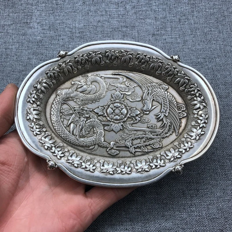 Antique Antique Miscellaneous Collection White Copper Silver-Plated Dragon and Phoenix Plate Retro Lion's Head Dragon and Phoeni