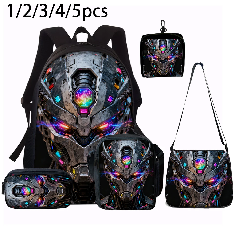 Cartoon robot print backpack front view polyester school bag