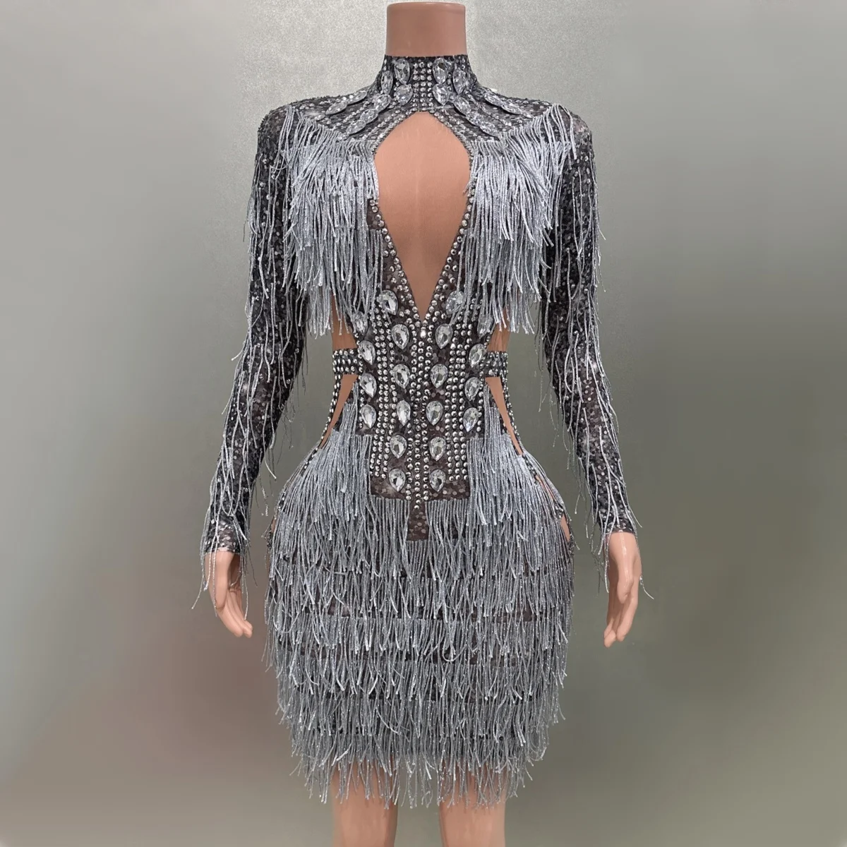 

Printing Tassels Rhinestones Long Sleeve Sexy Mini Sheath Dress Evening Party Performance Costume Nightclub Singer Stage Wear