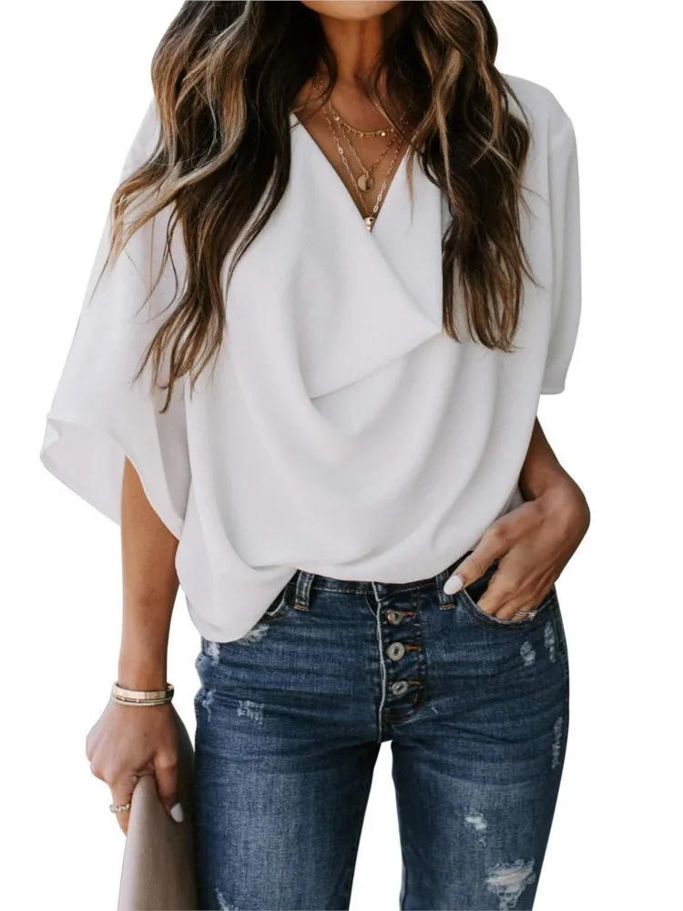 

Summer Chiffon Shirt Loose V-neck Casual T-shirt Women Elegant Fresh Sweet Personality Flared Sleeve Versatile Solid Color Top