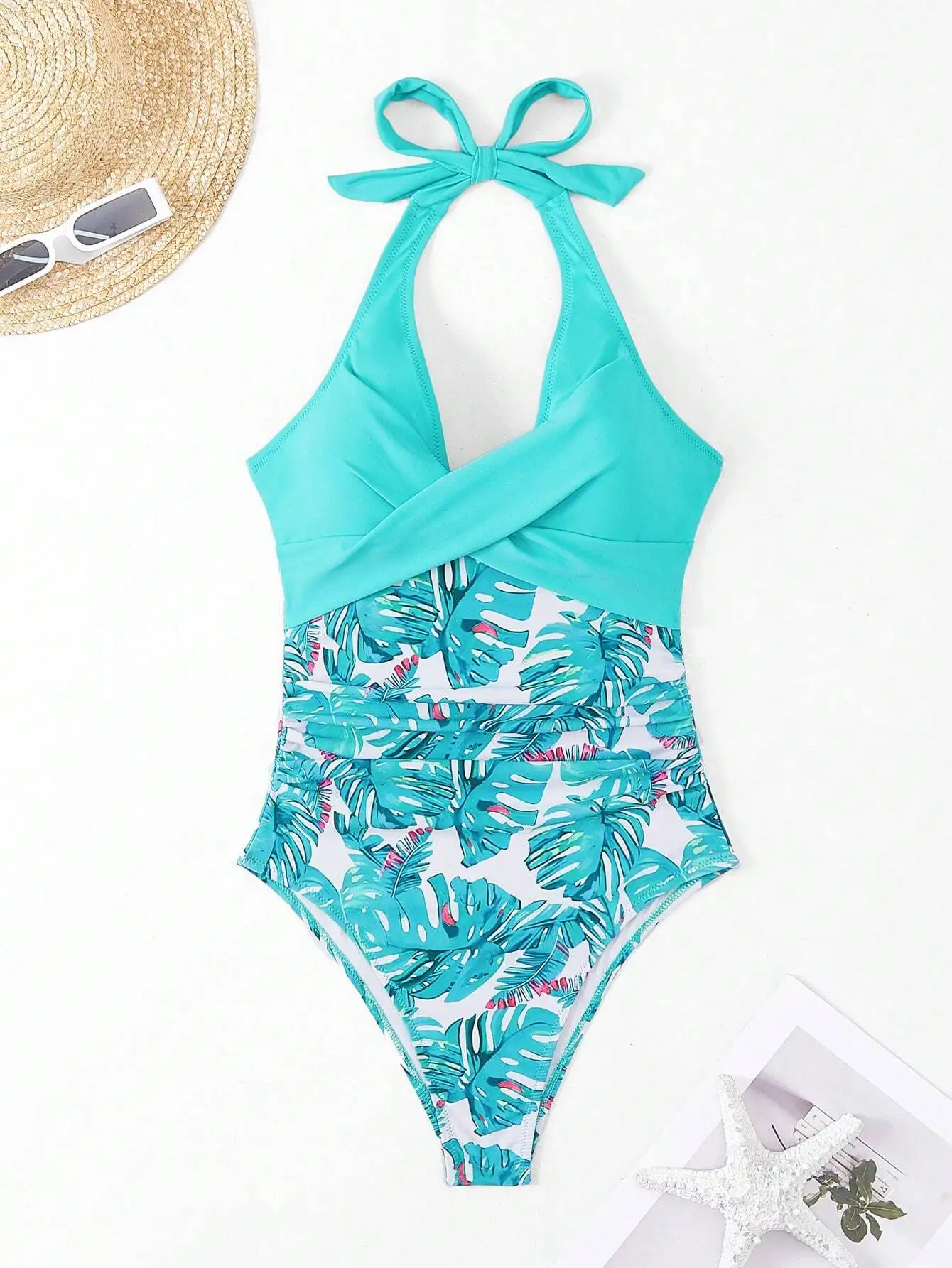 

Women's Tropical Leaf Print Halter One Piece Swimsuit With Tummy Control