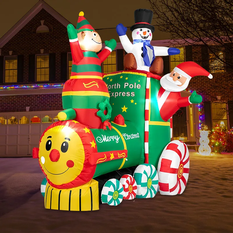1.8M/5.9FT Height Christmas Inflatable Santa ClausThe Train with Elf and Snowman Blow up Outdoor Lawn Yard,Garden Decorations view 4