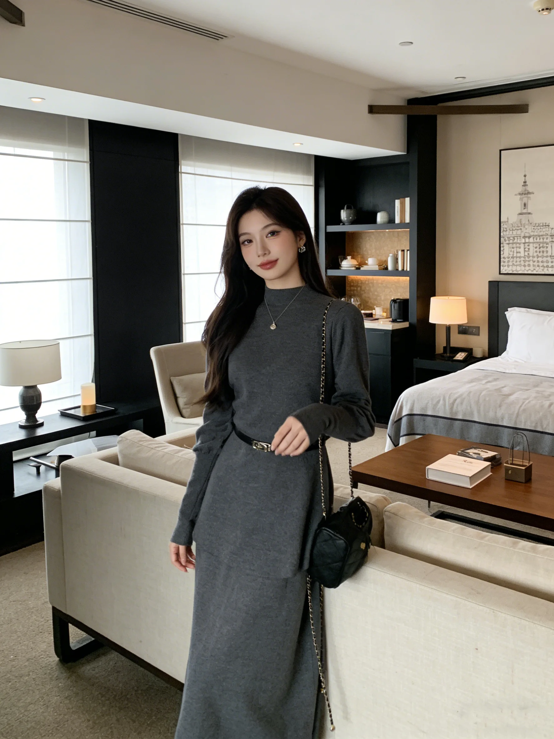 

e Luxury High Waist A-Line Skirt Set with Lantern Sve Knitted Top Early Spring Faionable Women's Outfit