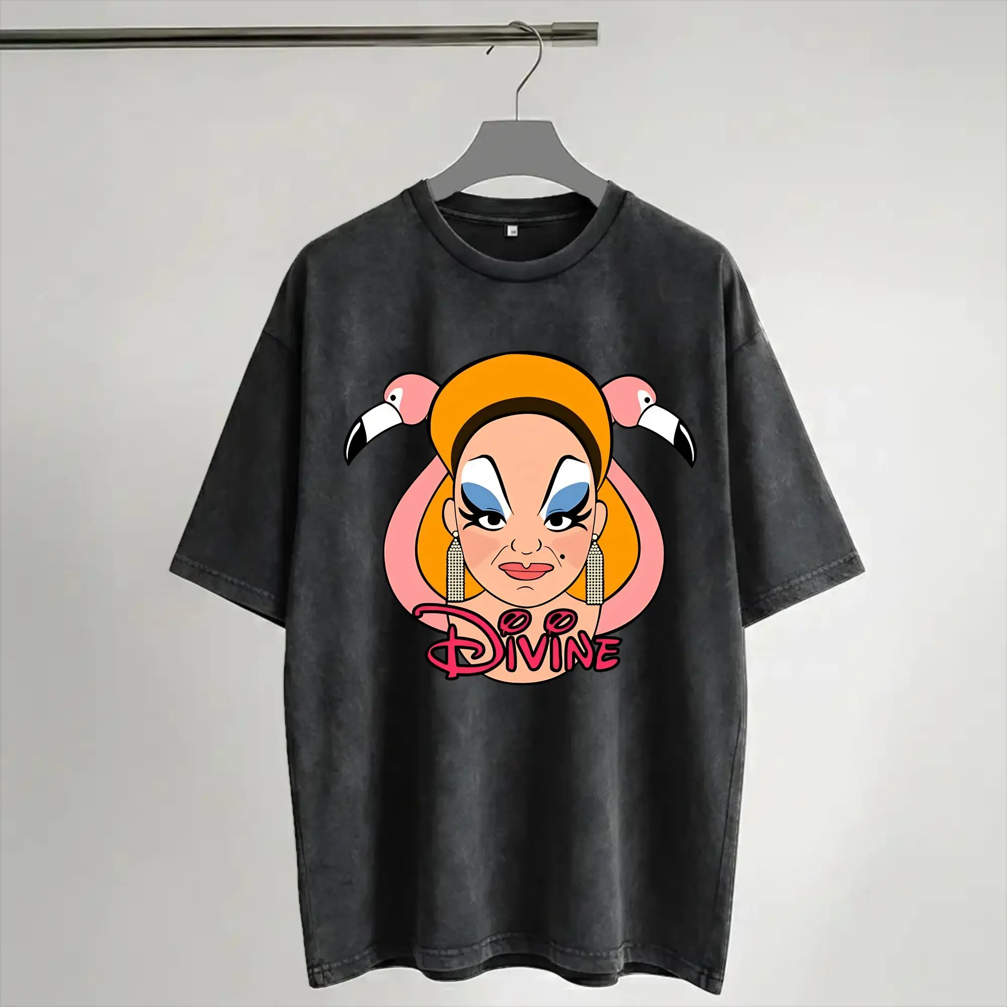 Harajuku Washed Shirt Pink Flamingos John Waters Divine  Merch Novelty T-Shirts Oversize  Streetwear Short Sleeve Printed Tees