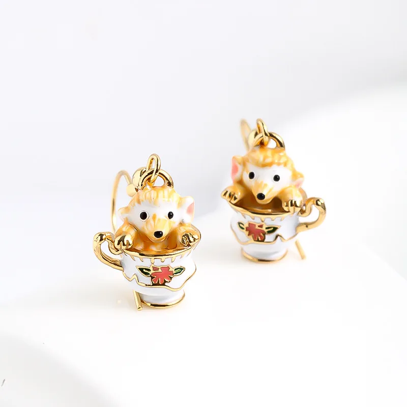 

Fashion Trendy Cute Animal Dangle Earrings Hand-painted Enamel Little Teacup Funny Animal Fishhook Earring for Women Girl Gifts