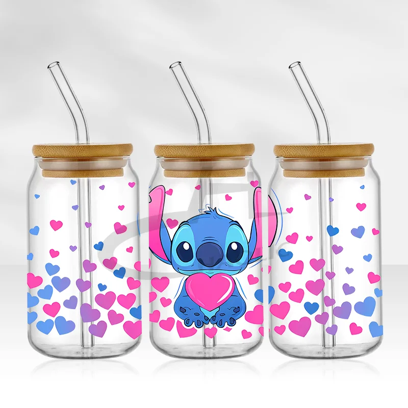 UV DTF Cup Wrap Blue Cartoon Transfers 16oz UV DTF Libbey Wrap Tumbler Stickers Glass Can Selfadhesive Waterproof