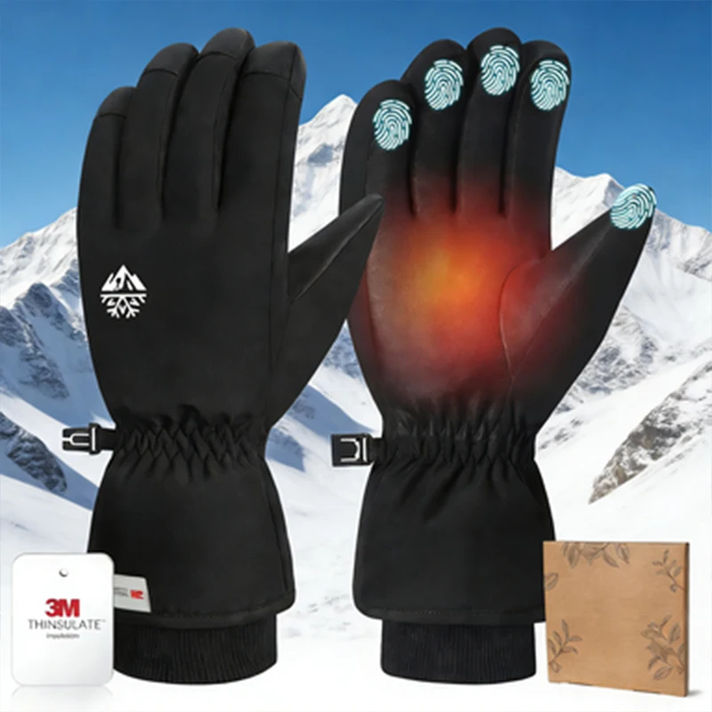 

Мужские термоизолированные перчатки с сенсорным экраном и пухом для зимы с регулируемыми ремнями для катания на лыжах, катания на коньках, езды на велосипеде