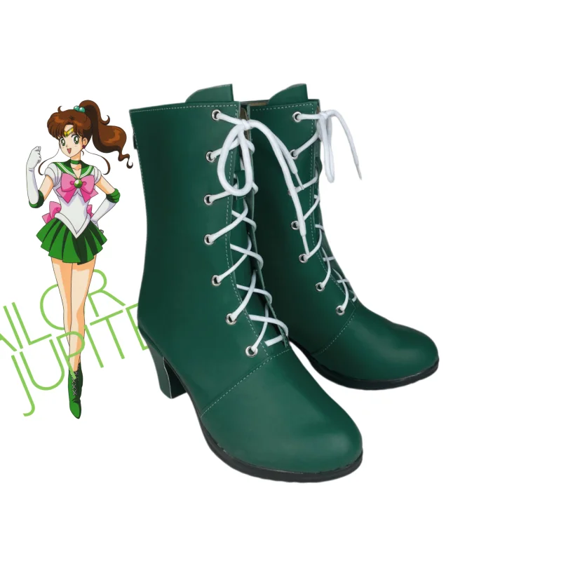 Sailor Jupiter Cosplay Green Boots, Lace-Up Mid Heel Anime Cosplay Shoes for Halloween Carnival & Role Play