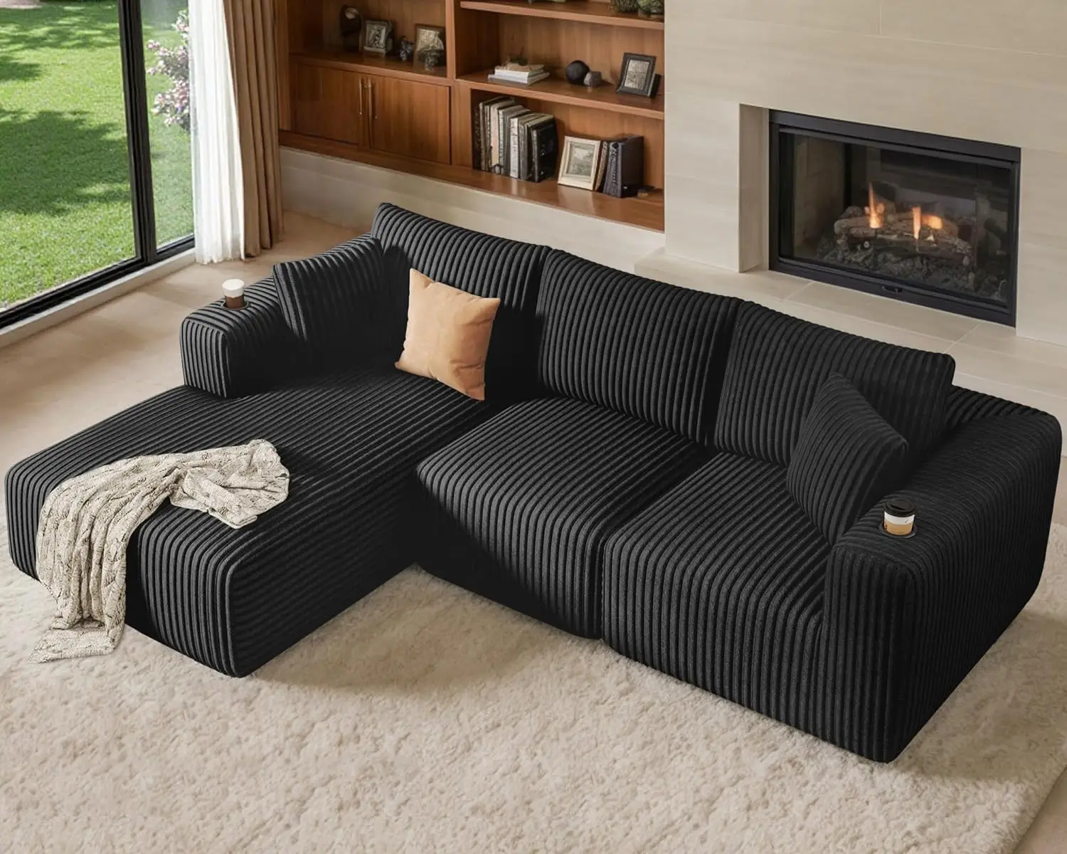 #Modular Sectional Sofa Deep Seat Convertible Bed Cup Holder Memory Foam Corduroy Living Room