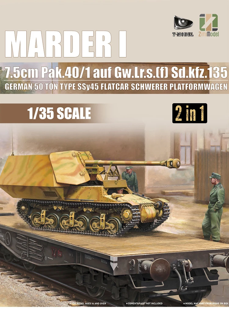 ZM35075 زيمي 1/35 7.5 سم PAK.40/1 auf.Gw.Lr s. (f) سد. Kfz.135 Marder I German 50 طن نوع SSy45 Flatcar Schwerer Platformwagen