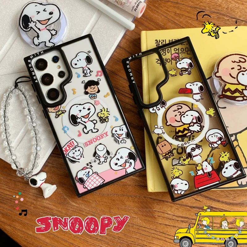

Funny cartoon Cute hug Snoopy Charlie Magsafe Wireless Charge Case For Samsung S23 S24 S25 Ultra Plus FE Snoopy Magnetic Holder