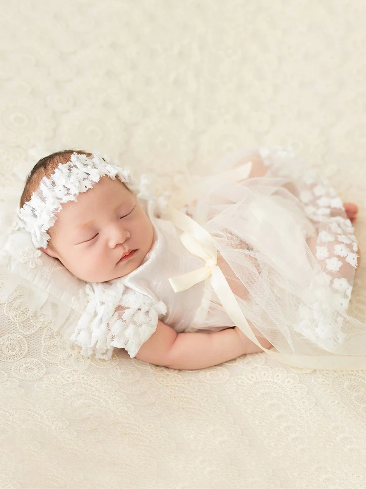 Ylsted Newborn Ribbon Bow Mesh Dress with Headband Lace Dresses Newborn Girl Photography Outfits Infant Photo Props Picture Idea