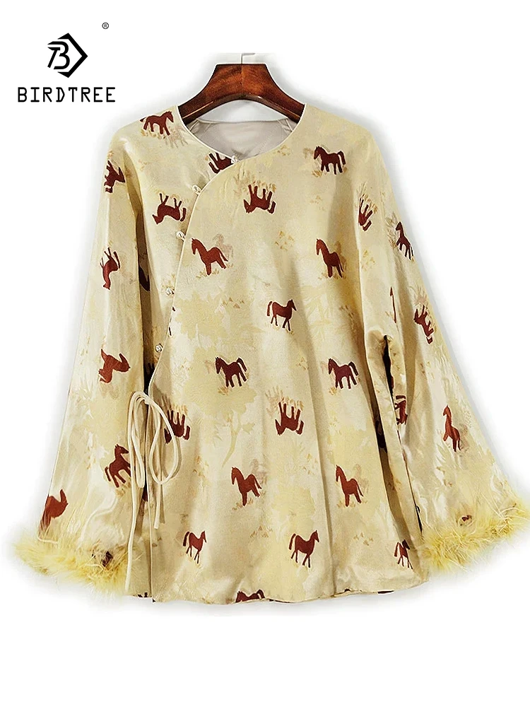 

BirdTree-35% Шелковое элегантное пальто из 65% шерсти, жаккардовое пальто на шнуровке с круглым вырезом, женское свободное пальто-кардиган в стиле ретро, осень 2023, C5O093CC