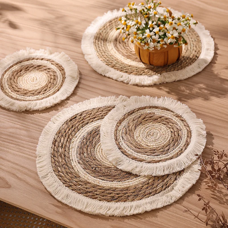 Tassel Bohemian Thick Mat Handmade Straw Woven Placemats Dining Table Wicker Natural Round Farmhouse Heat Resistant Place Mats