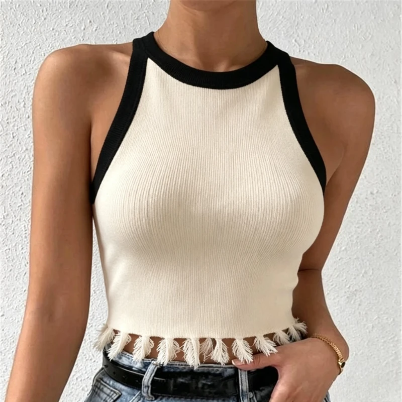Women Black Contrast Halter Knit Tank Top Vertical Rib Tassel Stretchy Slim Cropped Summer Y2K Casual Knit Cami Vest Shirt