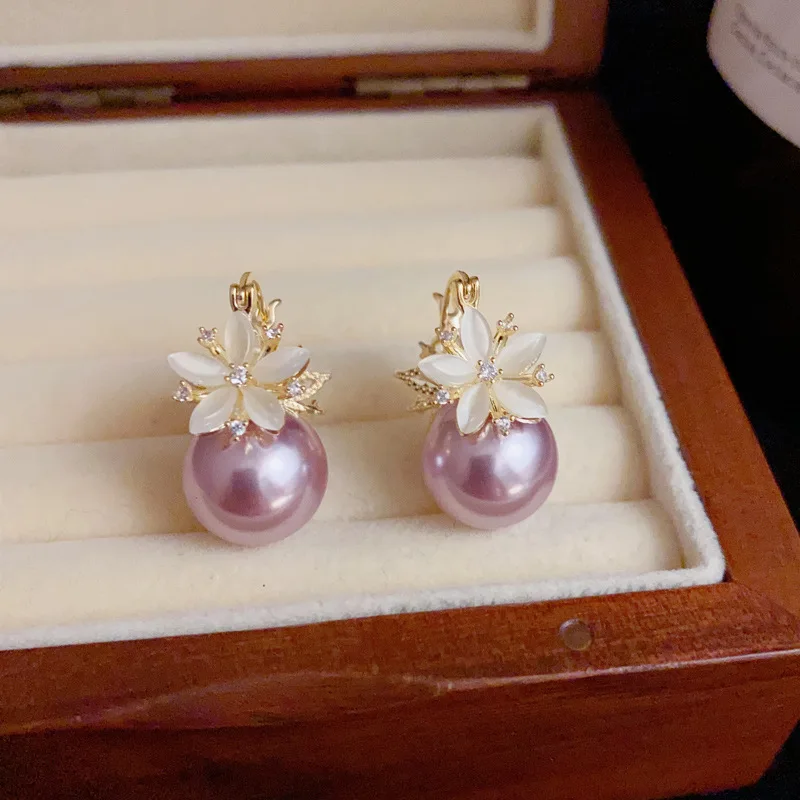 

925 Silver Needle Zircon Flower Pearl 14K Hoop Earrings Women Wedding Party Cute fashion jewelry Luxury Accessories Wholesale