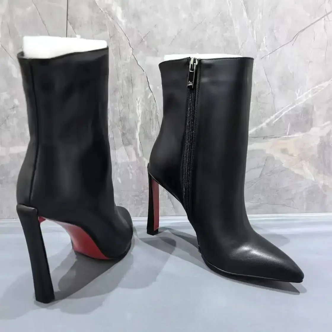 Red Sole Mid-Calf Boots For Women Pointed Toe Black Leather Botas De Mujer Back Zipper Office Lady Career Shoes Female High Heel