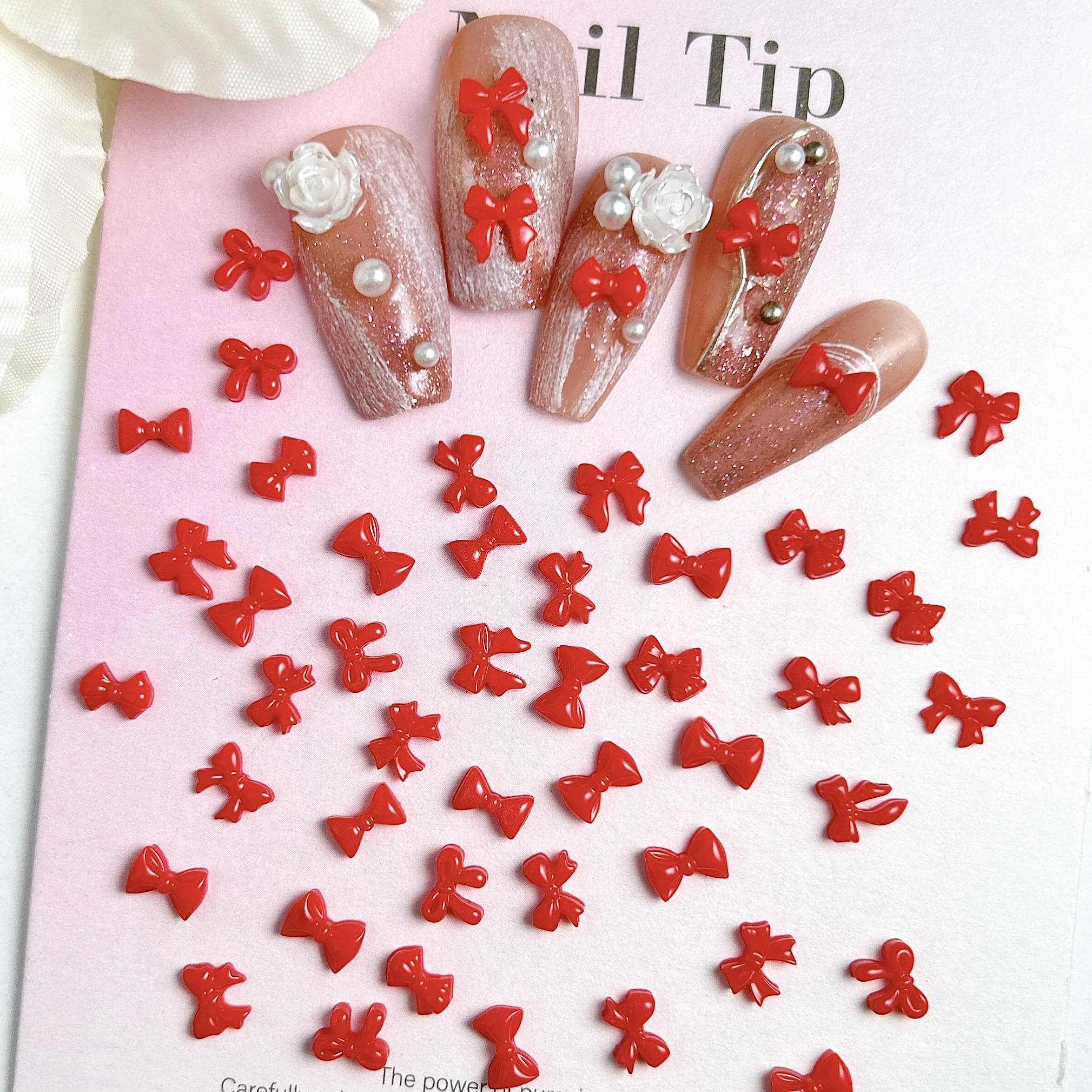 50Pcs Multiple Styles Ribbon Bows Nail Charms Luminous Mini Ties Red Series Resin Nail Art Decorations DIY Sweet Nails Supplies