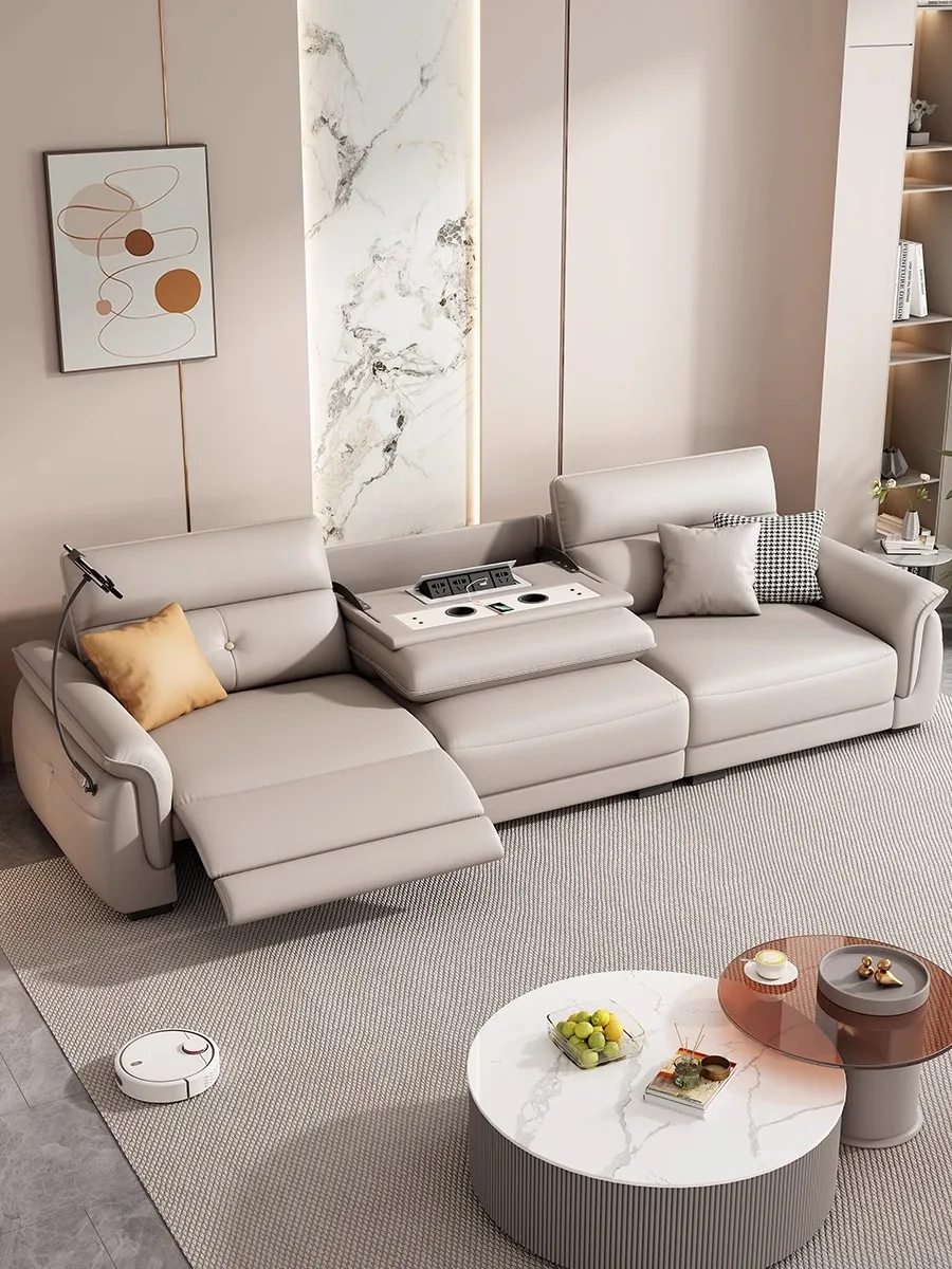 Italian minimalist leather sofa living room, small household first class, modern simple in-line electric function sofa