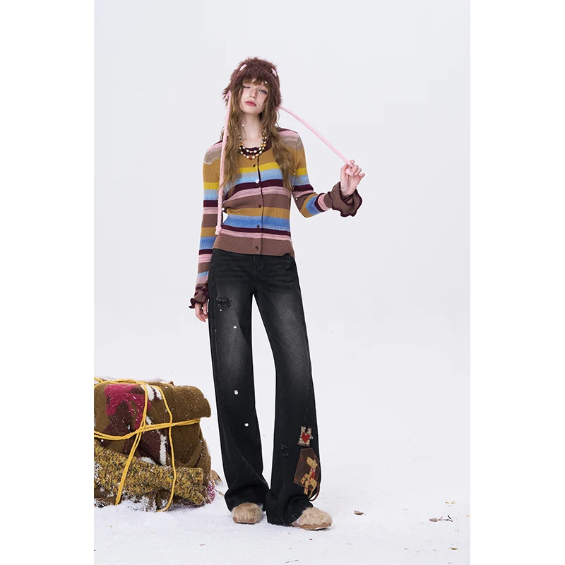 ELFSACK Women's Y2K Wide‑Leg Jeans with Cartoon Patch & Ripped Detail, Retro Denim Trousers