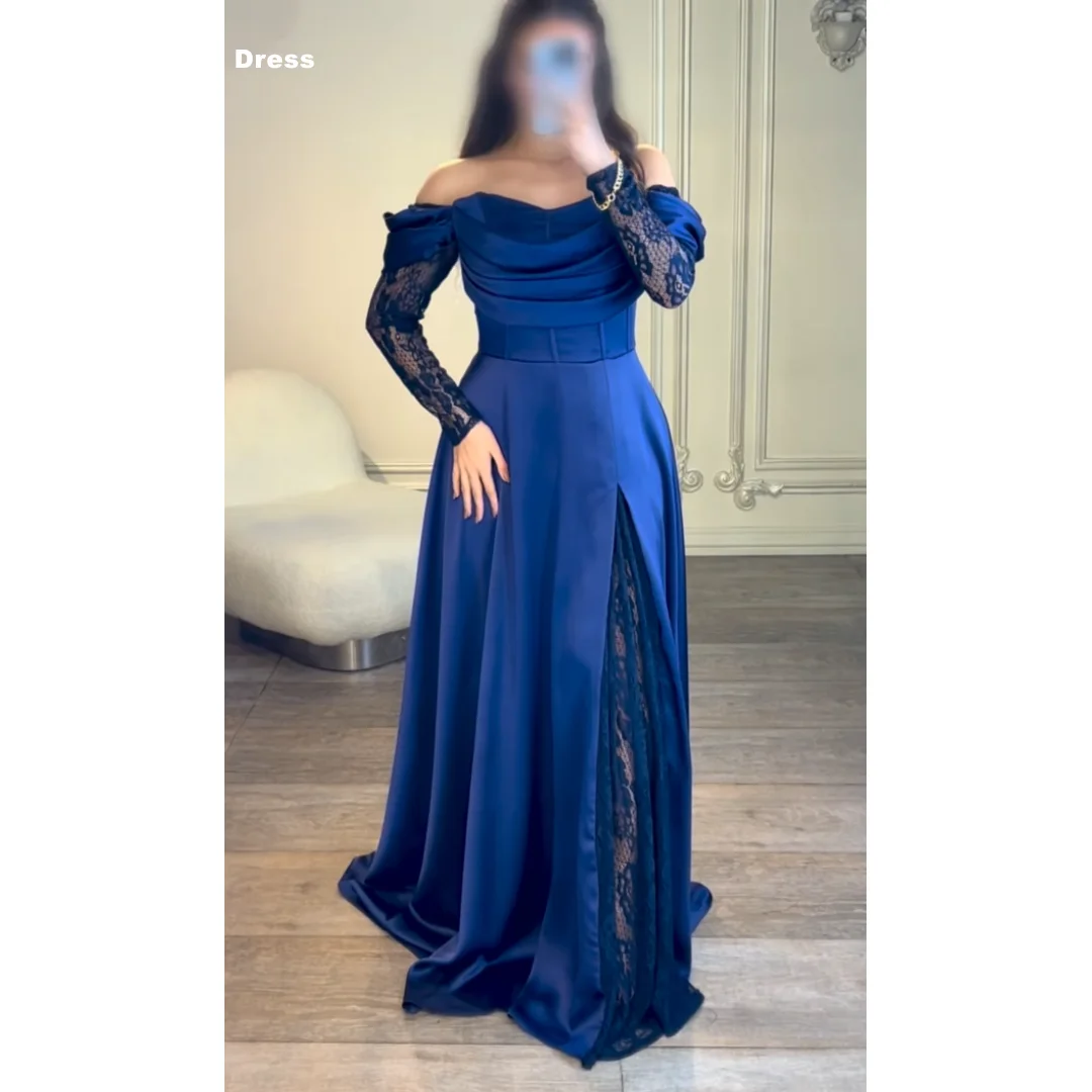 

Mina Customized Blue Prom Dress Embroidery Evening Dresses for Special Occasions Lace Long Sleeves Sharon Said Elegant Party