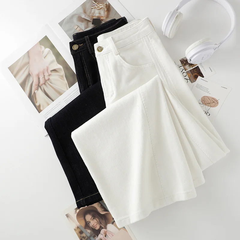 جينز أسود ورمادي واسع الساق للنساء، خريفي متعدد الاستخدامات فضفاض عالي الخصر للتخسيس نسخة ضيقة سروال مستقيم ثنيات