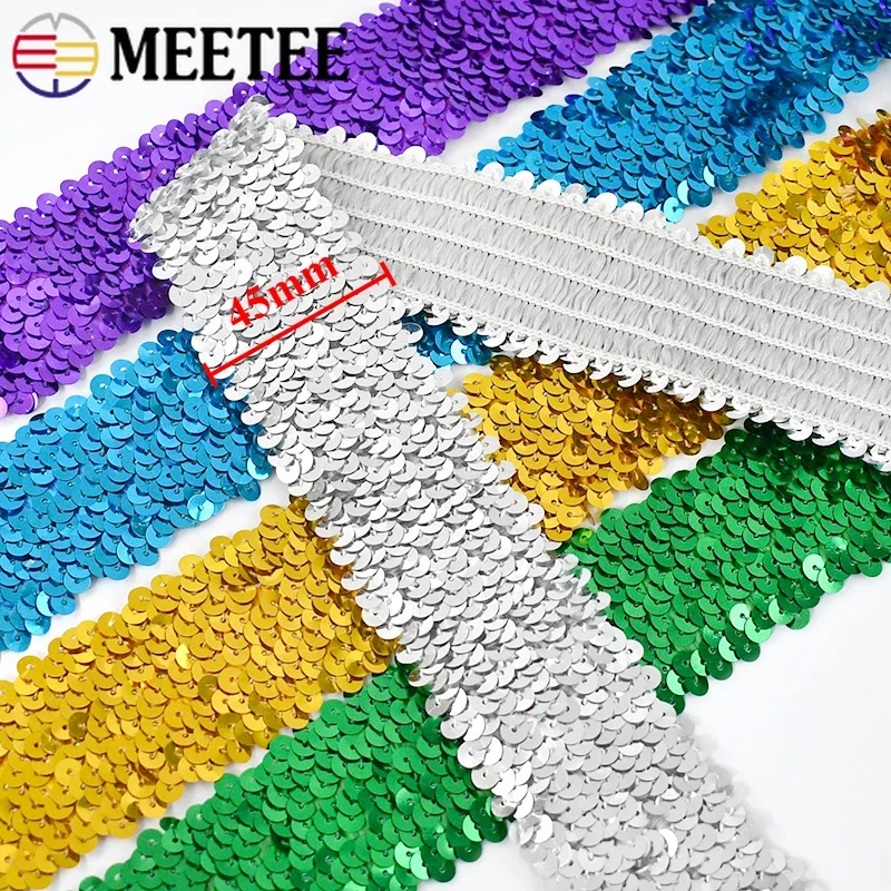 2/5/10Meters 45mm Sequined Elastic Band Lace Trim Stretch Ribbon DIY Dance Dress Clothes Decoration Applique Sewing Accessories