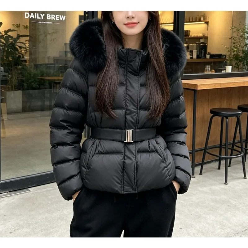 Winter Retro Temperament Big Fur Collar Removable Lace-up Waist Warm Hooded Cotton Jacket Women