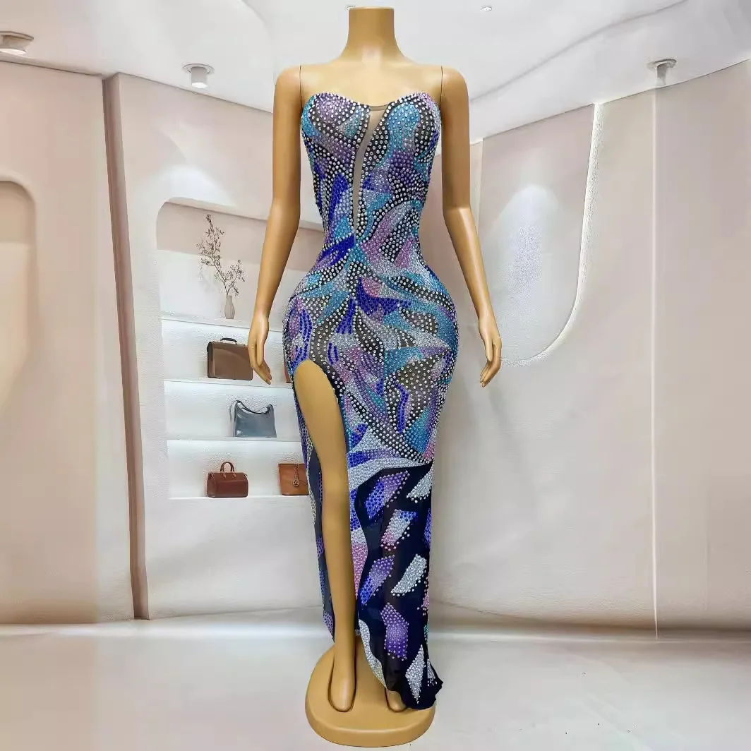 

Diamond Long Color Dress Hot Glue Slim Fit Tight Hip Skirt Unique Design Small Vestidos Piedras Brillantes Vestido Festa Luxuoso
