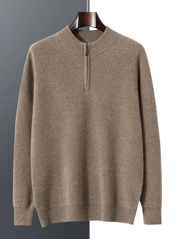 

Men 100%Cashmere Sweater Thick Zipper Mock Neck Long Sleeve Pullover Autumn Winter Smart Casual Style Cashmere High Quality Top