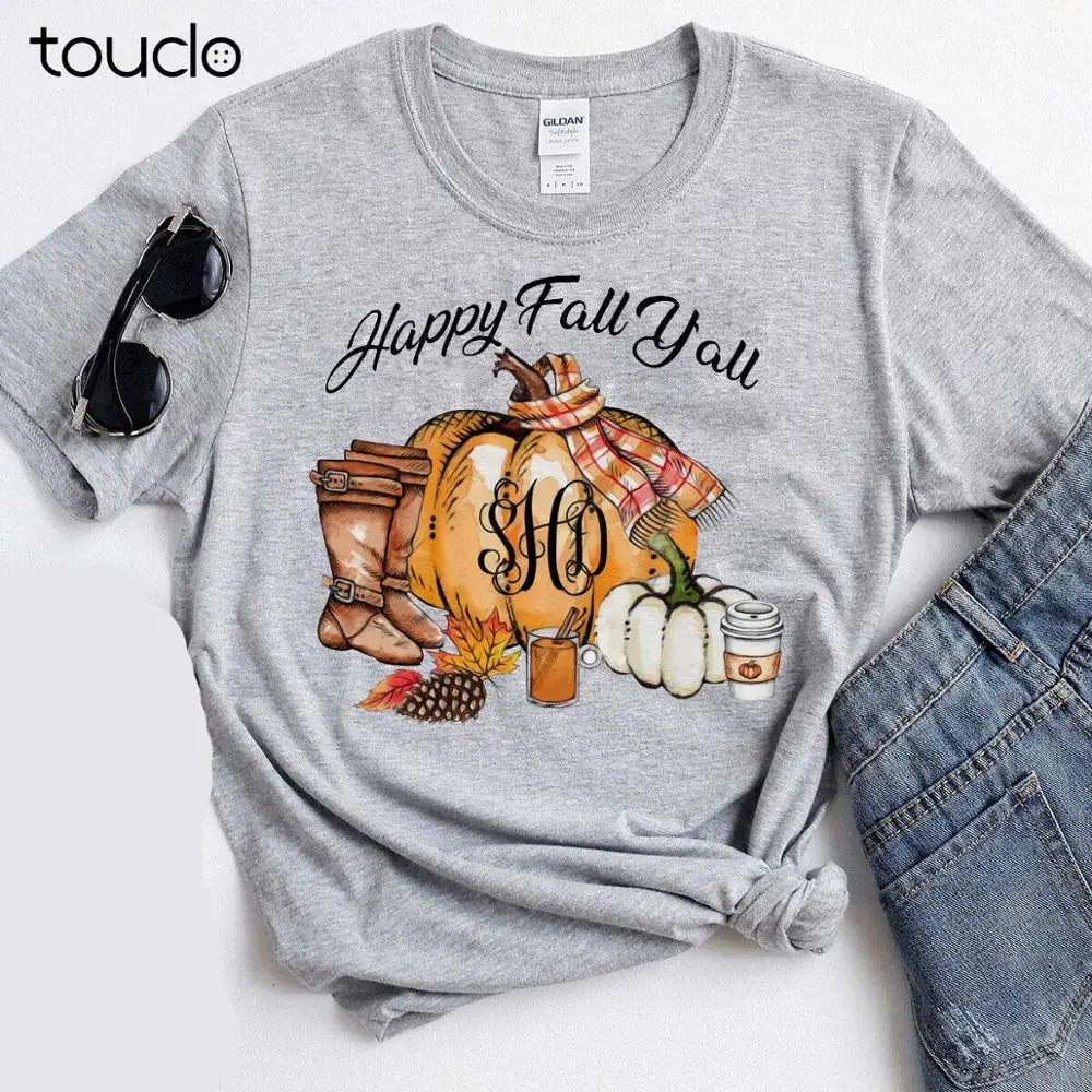 New Happy Fall Y'All Autumn Pumpkin Thanksgiving Change Your Initials T-Shirt Unisex S-5Xl Xs-5Xl Custom Gift Creative Funny Tee