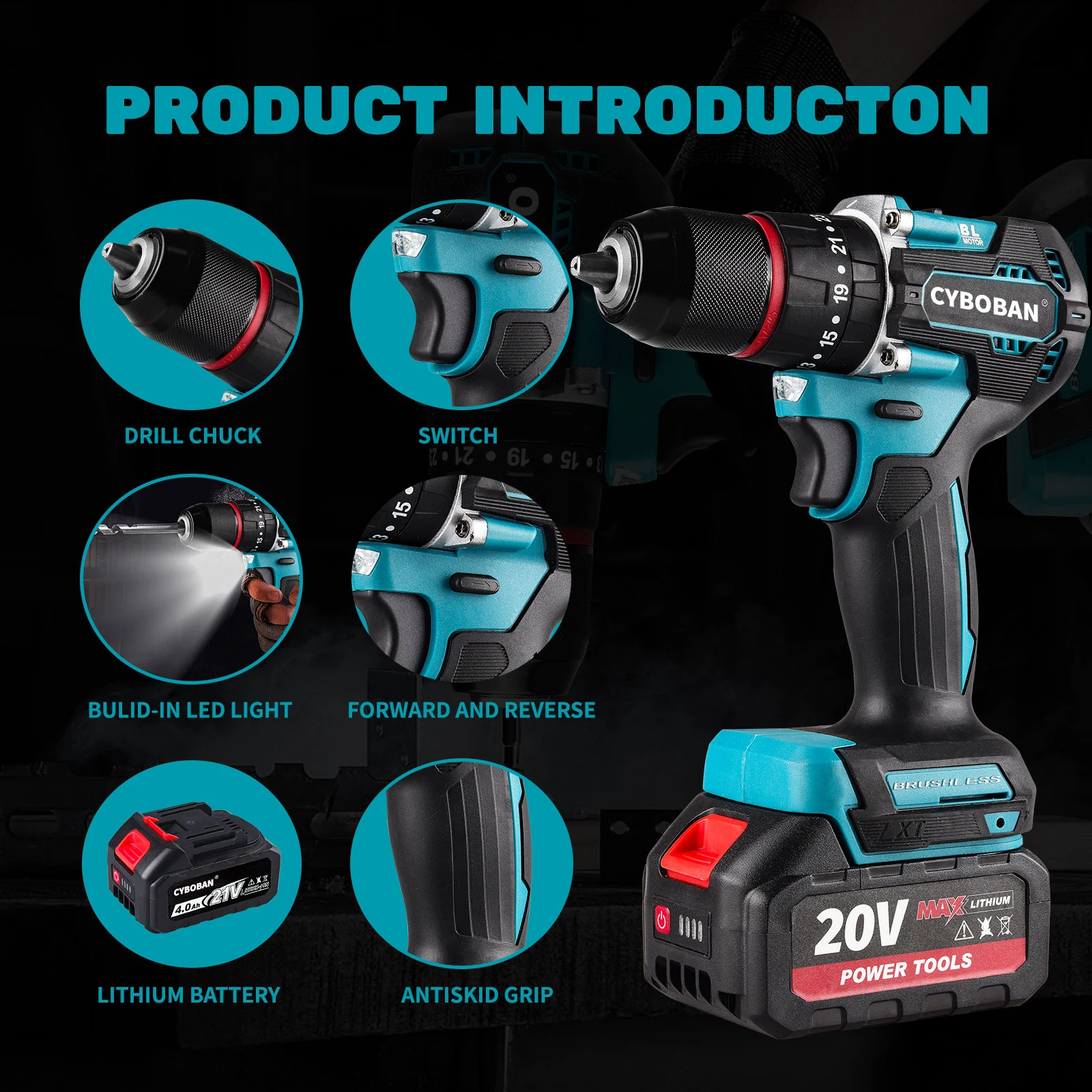 أداة كهربائية CYBOBAN، مثقاب يدوي بدون فرش 20 فولت، مفك براغي كهربائي مثقاب كهربائي 10 مم، بطارية ليثيوم بسعة 4.0 أمبير في الساعة