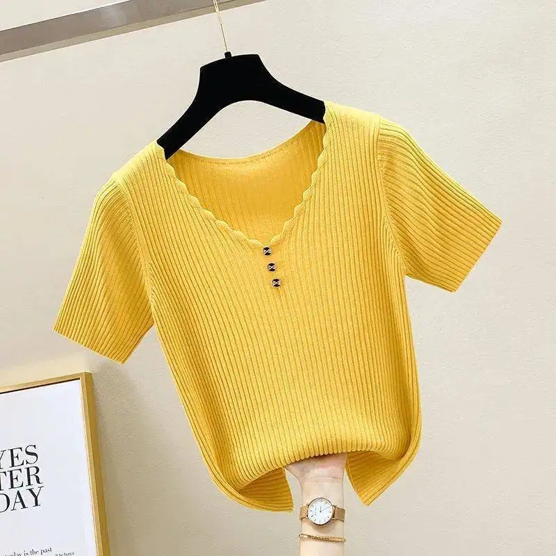 Women Sweater Summer Korean Fashion Style Top Short Sleeve New In Loose V Neck Ice Silk  Female Clothes 2023