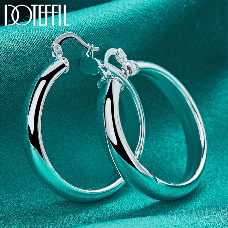 DOTEFFIL 925 Sterling Silver 35mm Circle Smooth Hoop Earring For Woman Lady Best Gift Fashion Charm Engagement Wedding Jewelry