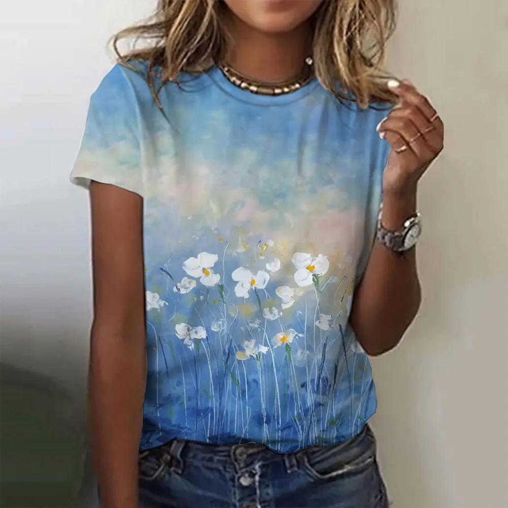 

Женская футболка для женщин с цветочным графическим 3D принтом, большие размеры Y2K, новая летняя повседневная женская одежда, топы с короткими рукавами, футболки