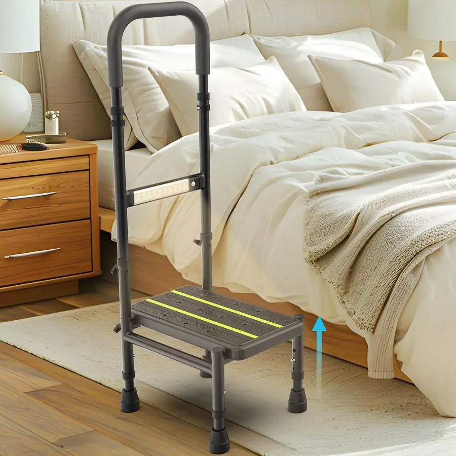 

Stool with Handle for Elderly Adults, Adjustable Handrail amp Leg, Sensor Light, Medical Stepping Stools for High Bed Mobility a