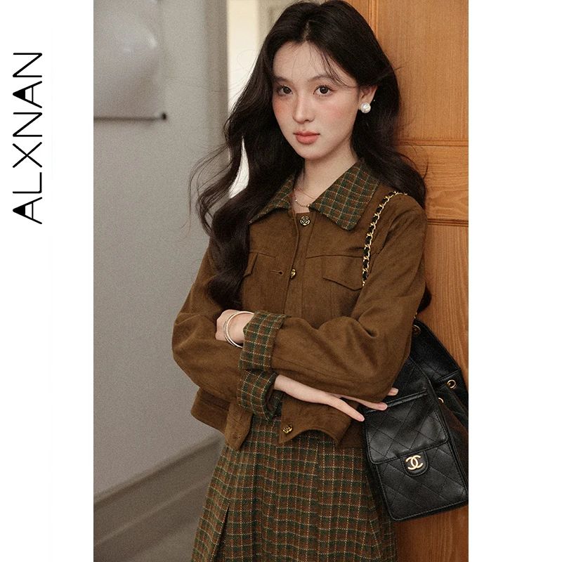 

ALXNAN Vintage Women's Brown Jacket 2025 Autumn Winter New Plaid Lapel Short Jackets Casual Loose-fit Elegant Coat Female L57313