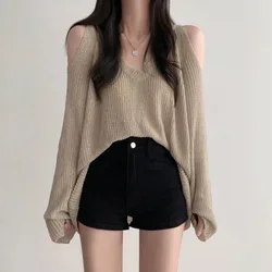 2024 Spring and Summer New Temperament V-neck Shoulder Loose Lazy Casual Sunblock Solid Color Long-sleeved Sweater Blouse