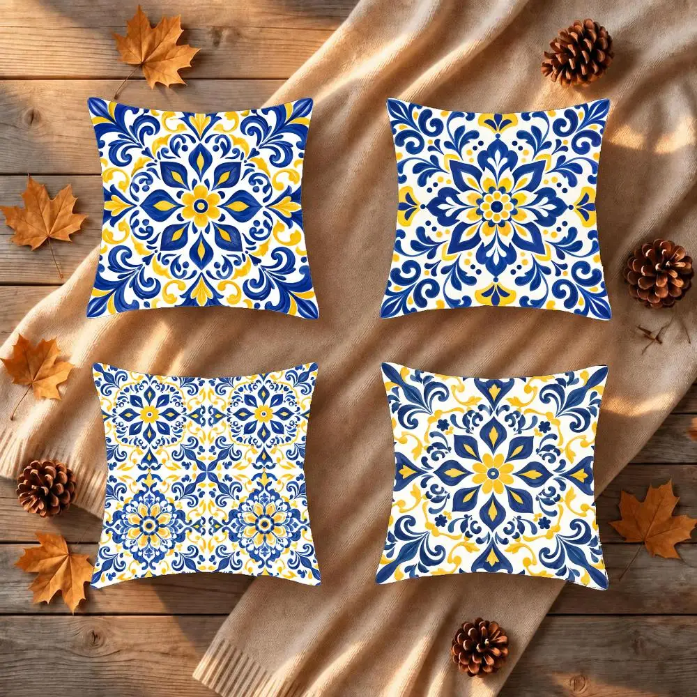 Blue Yellow Tiles Retro Chic Cushion Cover 1/4Pcs Soft Plush Throw Pillow Cover Double-Sided Print Sofa Living Room Decor