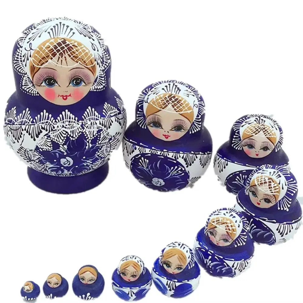 10Pcs/Set Wood Russian Nesting Dolls Blue Floral Print Handmade Matryoshka Wooden Doll Toys 10 Layer Cartoon Stacking Dolls