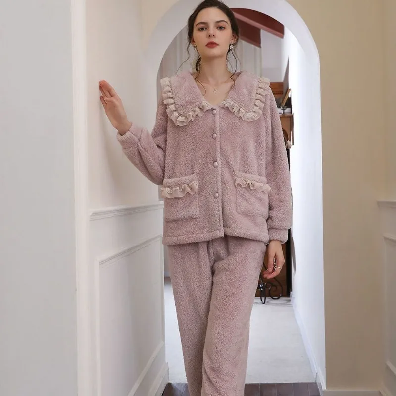 Loungewear Coral Fleece Thick Pajamas Women New 2024 Fall Winter Sleep Clothes Palace-style Famale Warm High-end Homewear Set