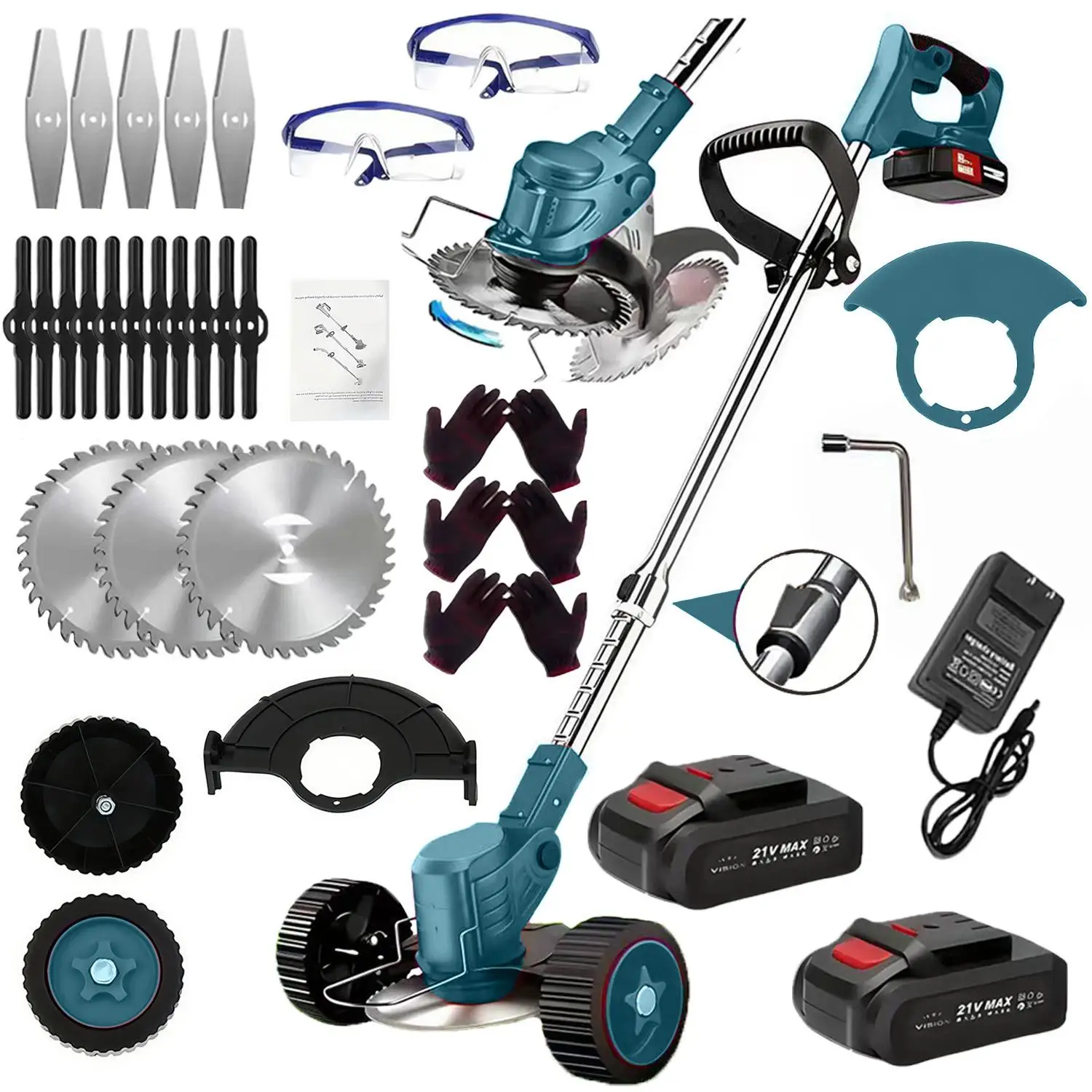 

21V Electric Weed Eater With Wheels,Cordless Battery Weed Wacker With Charger, 2Batteries,3 In 1 Cutter Trimmer Grass Edger