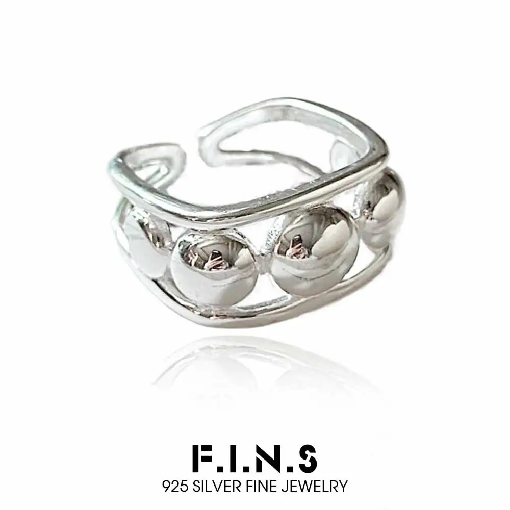 

F.I.N.S Original Korean Style S925 Sterling Silver Beaded Ring Hollow Geometric Layered Open Cuff Adjustable Finger Fine Jewelry