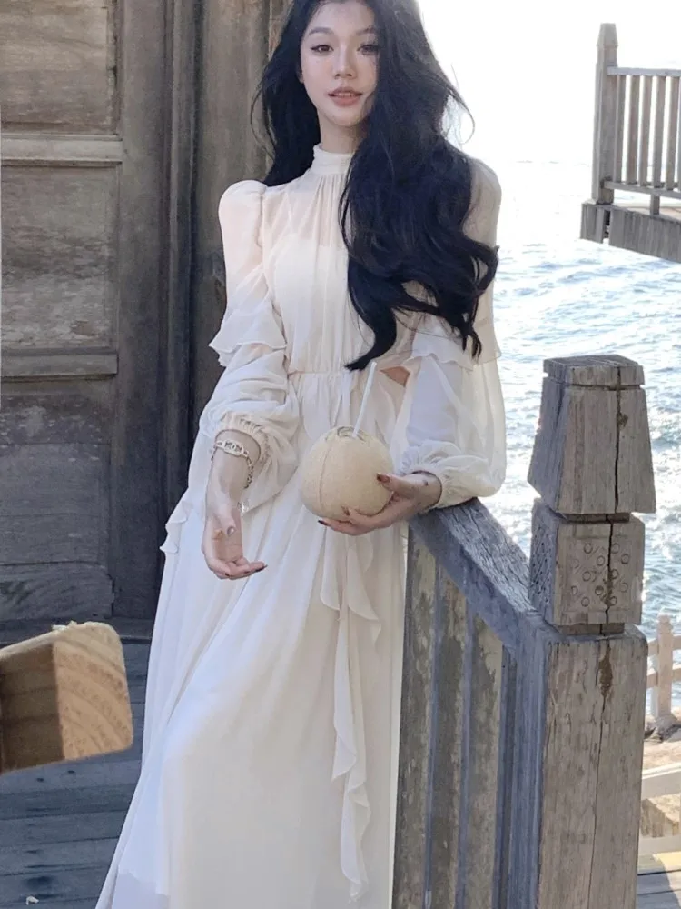 

Spring Elegant French Women's Chiffon Dresses 2025 New Ruffles Sash O Neck Slim Waist Hollowed Out Casual Dress Party Holiday