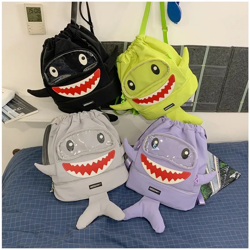 Harajuku Funny Shark Ita Bag, Transparent Front Pocket Drawstring Backpack Nylon School Bag Anime Badge Collection Backpack