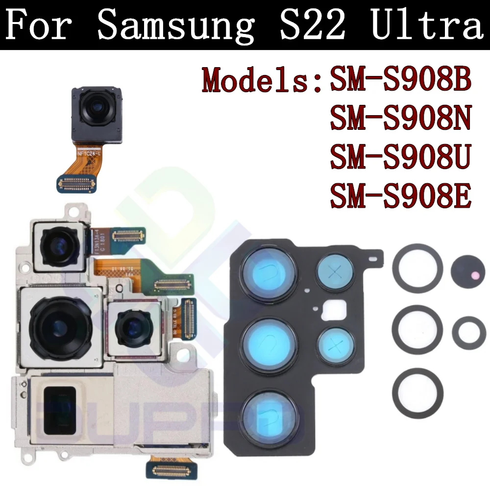 Rear Camera For Samsung Galaxy S22 Ultra Front Selfie Small Facing Main Wide Back Camera Module Flex Frame Glass Lens