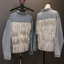 Harajuku Women Rhinestones Tassels Denim Coat Loose Diamonds Beaded Fringed Jeans Jacket Bomber Cowboy Cardigan Tops Outwear