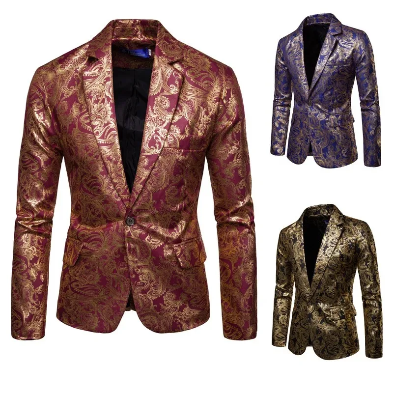 New Men\'s Slim Long-sleeved  Fashion Suits Shiny Bronzing Printed Suits Groomsmen Dress Jackets